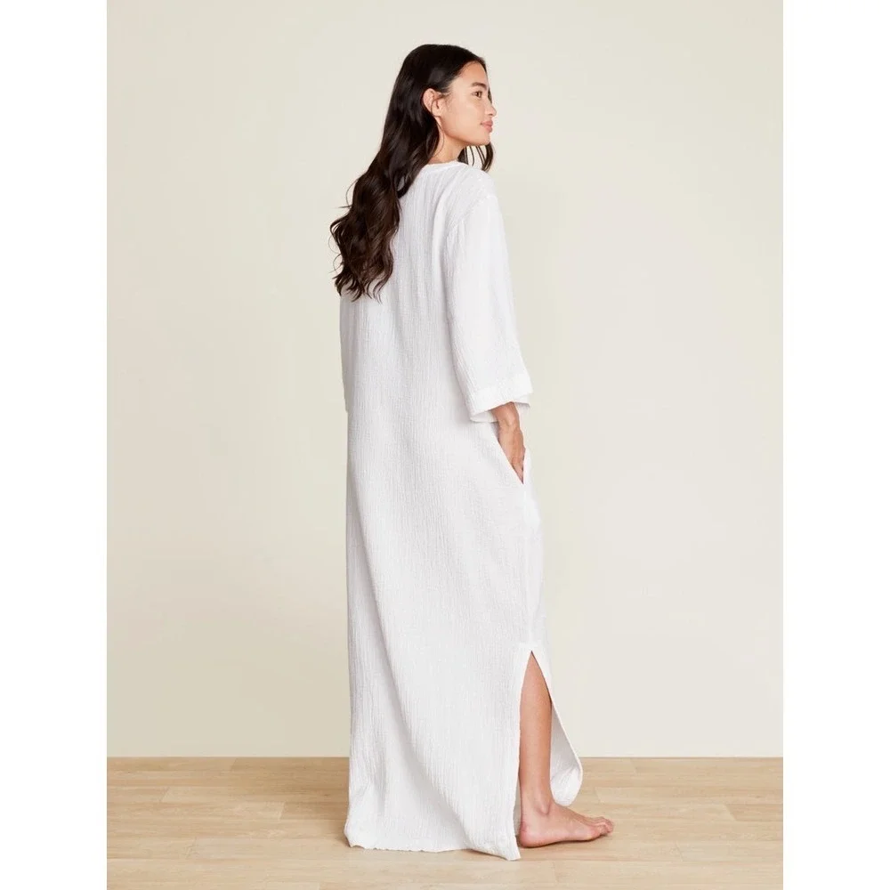 Barefoot Dreams Malibu Collection Crinkle Cotton V-Neck Caftan Dress Size L - Picture 2 of 10